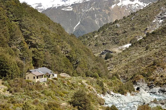 Looking back at the Dart Hut which sits at the confluence of the Dart River and Snowy Creek