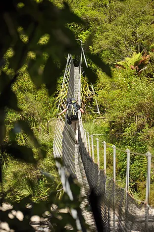 Gill freaking out crossing the sideways Heaphy River bridge