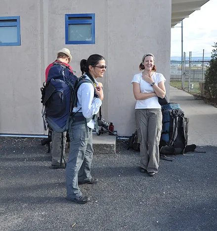 The gang in high spirits looking forward to the prop plane transport to the start of the track