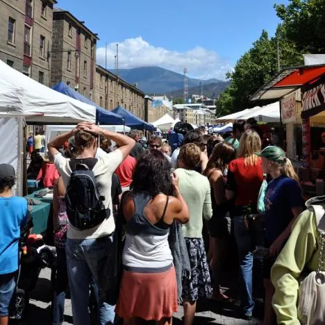 The markets are busy on a sunny day like this. Mount Wellington in the background