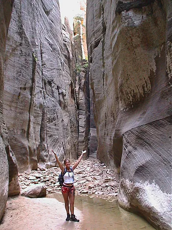 The canyon walls narrow and rise to the sky