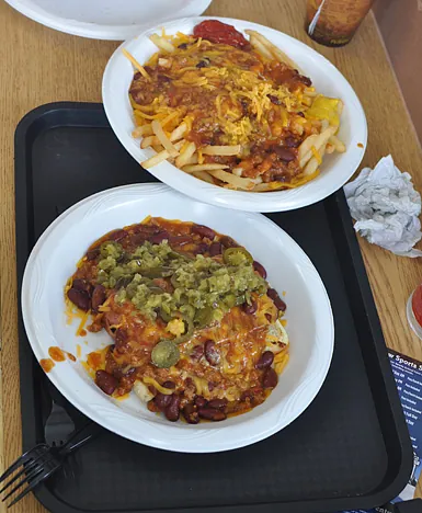 Staple boarding fodder - somewhere under there is a chilli cheese dog!