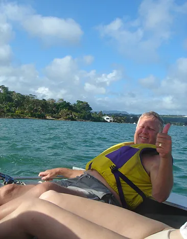 Cap'n Mike leaning back for lower wind resistance