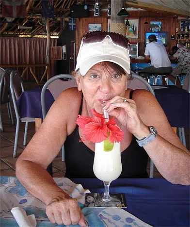 Maggie knocking back a cocktail in the popular Waterfront Bar and Grill restaurant