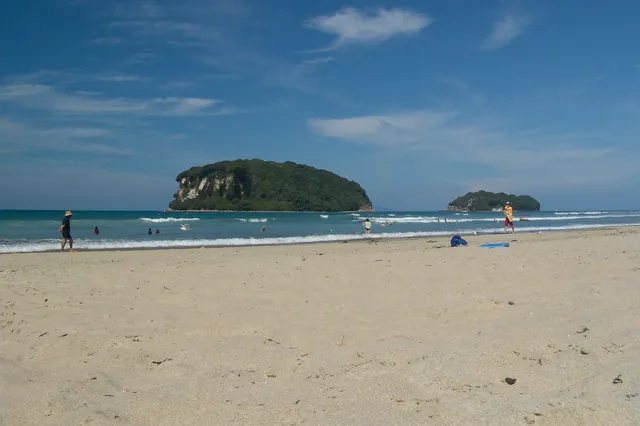 Whangamata beach with Thai like islands in the distance