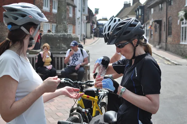 Gill buys some posh Jelly Babies in the village sweet shop (p.s. love the "Just Do It" guy in the back :-)
