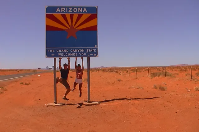 On the way out, we have a pop at the Arizona state sign