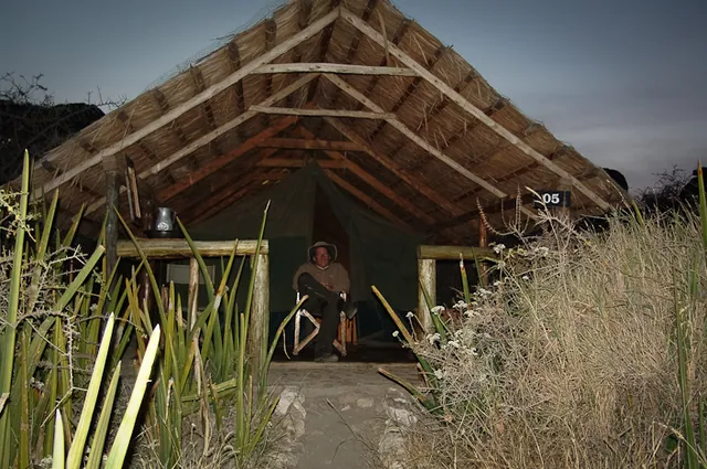 This is it - the tented camp - basically a cloth tent with a thatched roof over it
