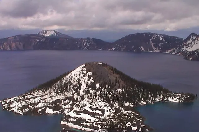 In summer you can take a boat ride to Wizard Island and climb the small peak