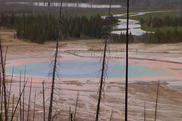 Looking down onto the Grand Prismatic Spring. The colours are no way near as vivid as it can be on a clear day