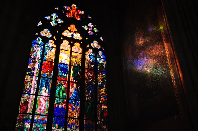 Gorgeous colours as the bright sunshine beamed through the stained glass onto the mural