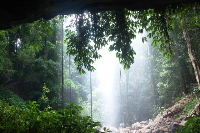 Looking out from behind the waterfall