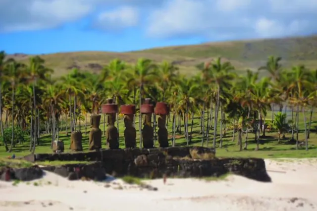 A line of statues on Anakena Beach.