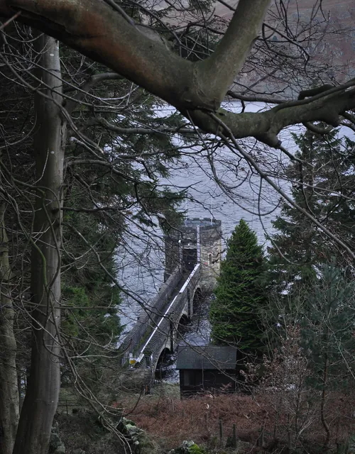 The water intake tower half way along the lake