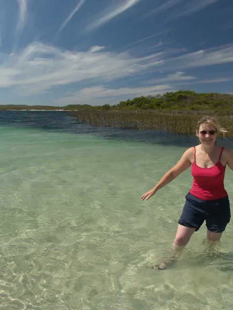 AnnieG in the Blue Lagoon - the darker sections are fallen Tea Tree leaves which infuse the water