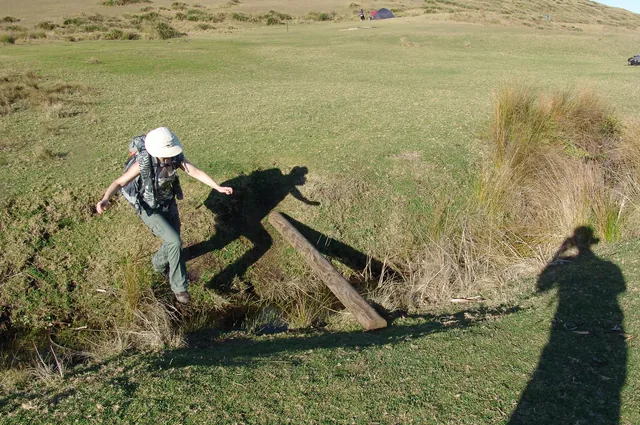 Gill didn't trust herself on the log so she goes for the stream jump option instead