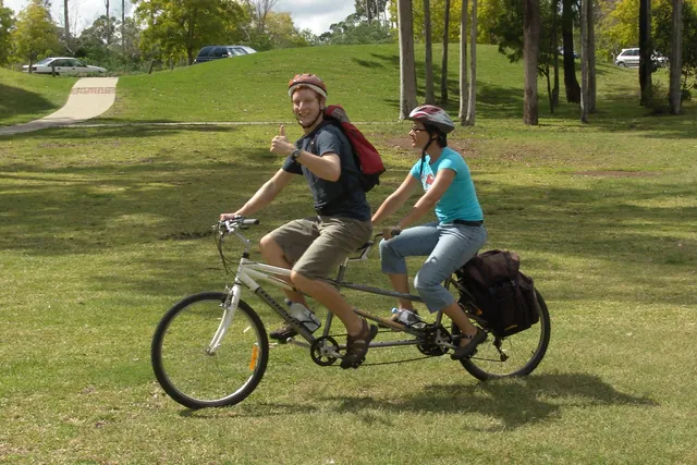 Ed and Mericia getting acquainted with the tandem. The back is fixed crank cycling with the front
