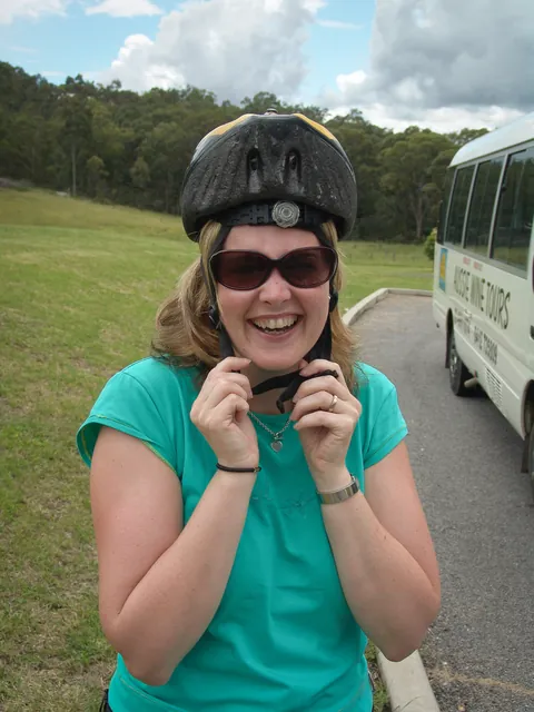 Steph still getting to grips with the helmet front and back