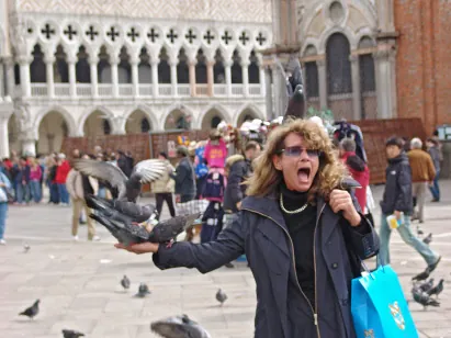 A woman only later realising what buying a packet of pigeon seed actually entails