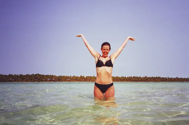 Gill loving the bath-like water temperatures at the shallow sand bar off the coast