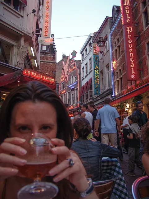 Gill getting stuck into some Belgian  beer in the famous Rue de Boucher restaurant street