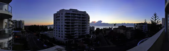 We had some great sea views from our fifth floor balcony over the course of two and a half years. This was a 5-shot panorama stitch at sunrise