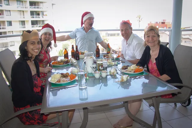 BBQ turkey Christmas dinner with parental Grundys and Naz on the Cronulla balcony