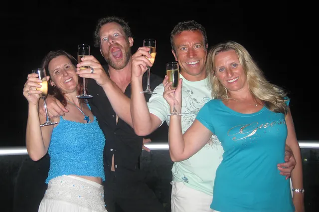 Grundys and Halls enjoying a home Sydney New Year's Eve party after a failed attempt to see the early fireworks in the city