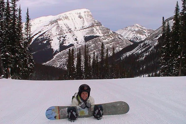 Gilly smiling despite the frozen hard corduroy ploughed piste (which she hates)
