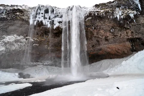 A frozen, low water volume Seljalandsfoss