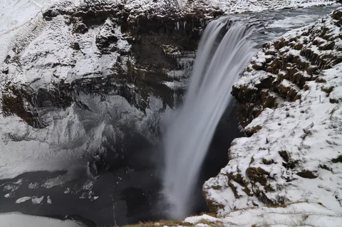 Slow shutter speed shot of Skogarfoss from above