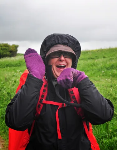 The temperature was unusually cold for May. Gill elected to get her spare socks out for use as mittens
