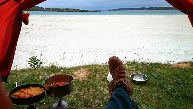 Almost nothing is open on Lewis on a Sunday evening to get camping supplies. Luckily we opted for an Indian takeaway reheated with this view
