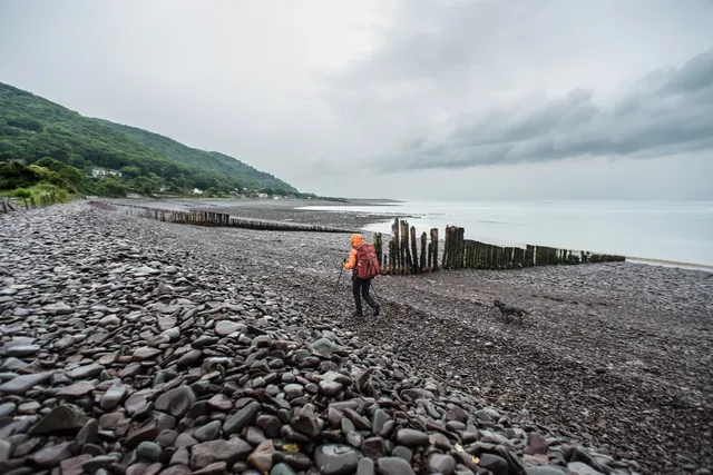 A wet start to day 2, but we got the tent packed up before it moved in. The pebble beach of Porlock Weir