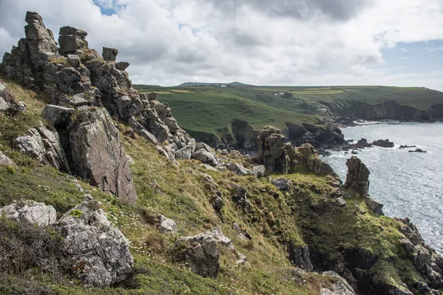 Craggy coastline approaching Treen and the Gurnard's Head gastro pub