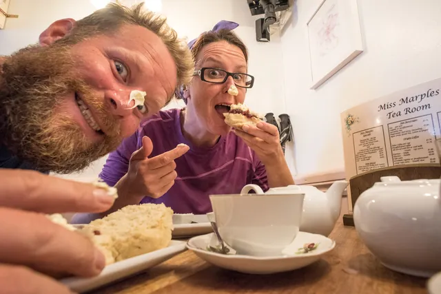 Enjoying a perfect cream tea in Miss Marples tea room in East Looe