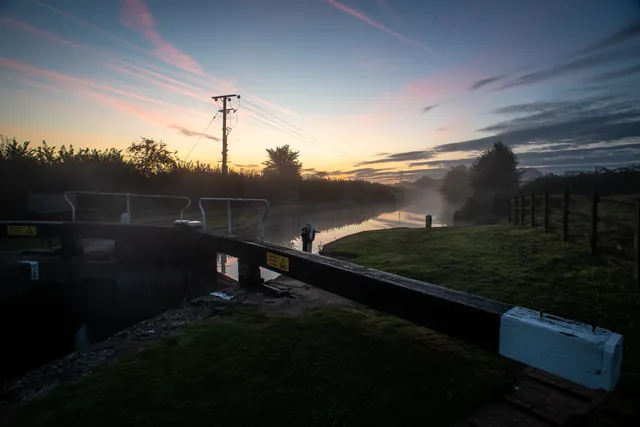 Early morning mist and a nice sunrise at our parking spot near Seend Bottom Lock