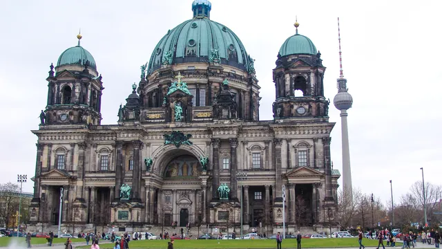 The Berlin cathedral with the Berlin TV Tower in the background