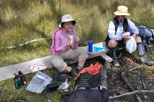 Stopping for lunch on the path - popular lightweight choices were mountain bread wraps, packet tuna and squeezy cheese tubes