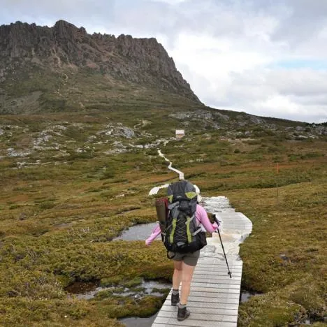 Kitchen Hut in view and the path up the side of Cradle Mountain (our next challenge)