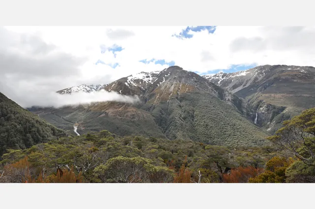 A 3-shot portrait panorama of Arthur's Pass and Bridal Veil Falls