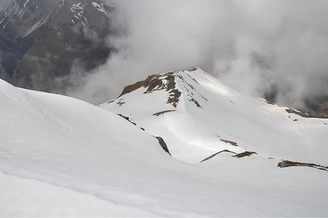 Looking down... you definitely wouldn't want to slide down there without an ice axe