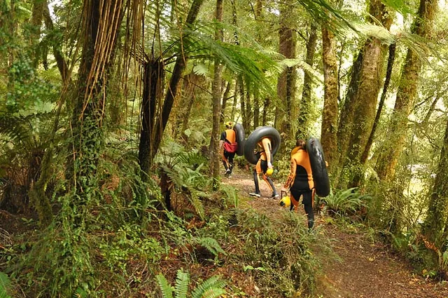 Walking through the rain forest on the way to the cave entrance