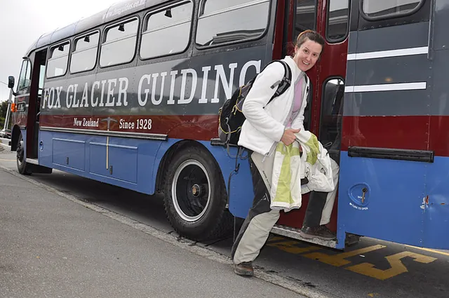 A short ride to the helipad in this old classic bus