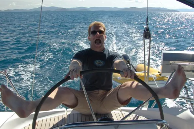 Darrell hanging on for dear life as we blast across the Whitsundays Passage